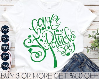 May include: A white t-shirt with a green shamrock design that says "Happy St. Patrick's Day".