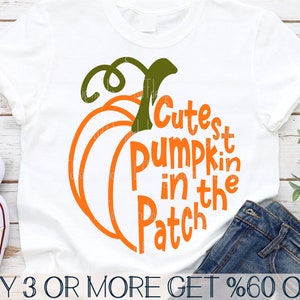 May include: White t-shirt with an orange pumpkin and the text "Cutest pumpkin in the patch".