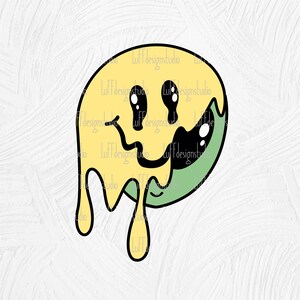 May include: A yellow and green smiley face with dripping edges. The smiley face has black eyes and a black mouth.