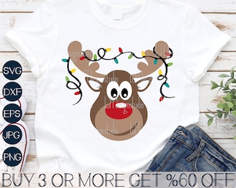 SVG de reno, SVG navideño, SVG de cara de reno, PNG de reno adorable, Niño, Niña, Niños, PNG, Archivos SVG para Cricut, Descargas de diseños para sublimación