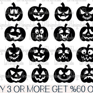May include: Set of 15 black and white Halloween pumpkin SVG cut files. Each pumpkin has a different spooky face expression. The text "BUY 3 OR MORE GET %60 OFF" is at the bottom of the image.
