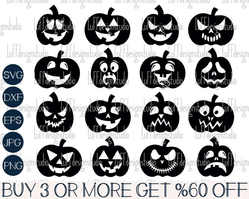 Op de afbeelding: Set van 15 zwart-witte Halloween-pompoen SVG-snijbestanden. Elke pompoen heeft een andere griezelige gezichtsuitdrukking. De tekst "BUY 3 OR MORE GET %60 OFF" staat onderaan de afbeelding.