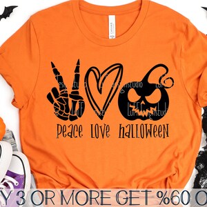Peace Love Halloween SVG, Divertente Halloween SVG, Zucca SVG, Mano Scheletro SVG, Png, File Svg per Cricut, Download di Disegni Sublimatici