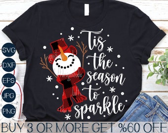 Tis The Season To Sparkle SVG, Snowman SVG, Christmas SVG, Merry Christmas Png, Snowflake, Files For Cricut, Sublimation Designs Downloads