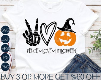 Peace Love Halloween SVG, Pumpkin Face SVG, Funny Halloween Shirt SVG, Skeleton Hand, Png, Files for Cricut, Sublimation Designs Downloads