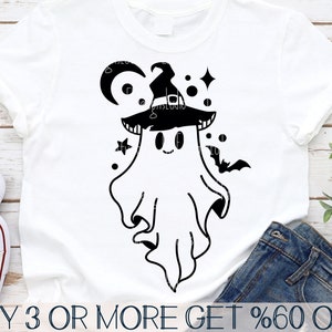 May include: A black and white digital design of a ghost wearing a witch's hat. The ghost has a smiling face and is surrounded by stars and a crescent moon.