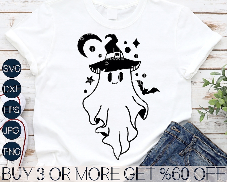May include: A black and white digital design of a ghost wearing a witch's hat. The ghost has a smiling face and is surrounded by stars and a crescent moon.