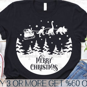 Feliz Navidad SVG, trineo de Papá Noel SVG, dinosaurio SVG, escena navideña para niños Svg, invierno, PNG, archivos para Cricut, descargas de diseños de sublimación