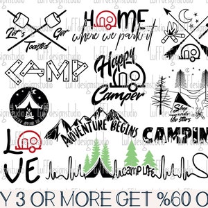 Lot camping SVG, campeur SVG, montagne SVG, aventure Svg, Svg été, citation, Png, fichiers Svg pour Cricut, téléchargements de motifs par sublimation