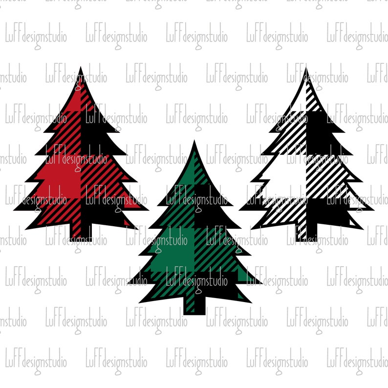 May include: Three Christmas trees with a plaid pattern. The trees are red and black, green and black, and white and black.