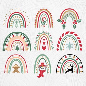 May include: Nine colorful rainbow designs with various Christmas themes. Each rainbow features a different festive element, such as a candy cane, a snowman, a gingerbread man, a reindeer, a snowflake, a Christmas tree, hearts, and holly.