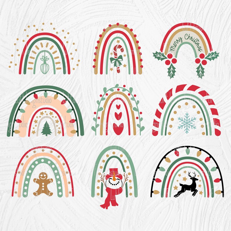 May include: Nine colorful rainbow designs with various Christmas themes. Each rainbow features a different festive element, such as a candy cane, a snowman, a gingerbread man, a reindeer, a snowflake, a Christmas tree, hearts, and holly.