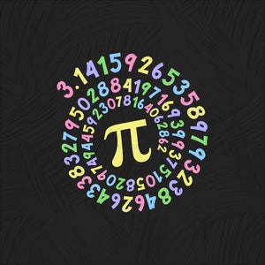 May include: A colorful graphic illustration of the mathematical constant pi, with the digits of pi arranged in a spiral around the symbol. The digits are in different colors, including pink, blue, yellow, and green.