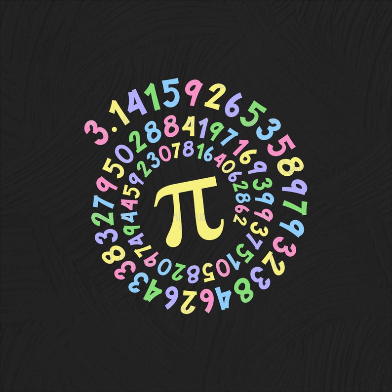 May include: A colorful graphic illustration of the mathematical constant pi, with the digits of pi arranged in a spiral around the symbol. The digits are in different colors, including pink, blue, yellow, and green.
