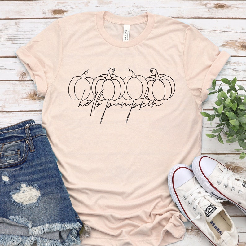Pode incluir: Uma camiseta rosa claro com um contorno preto de ab&oacute;boras e o texto "hello pumpkin".