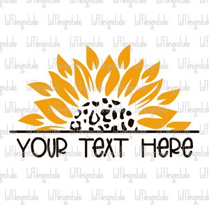 May include: A yellow sunflower with a black and white leopard print center. The sunflower is half-hidden behind a black line with the text "YOUR TEXT HERE" below it.
