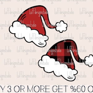 May include: Two Santa hats, one red and one black and white plaid, with white fur trim. The hats are outlined in black and have a white background.