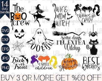 May include: A set of 14 black and white Halloween-themed SVG cut files. The designs include a ghost, a witch, a spider, a pumpkin, a cat, and various text phrases like "The Boo Crew", "Wife Mom Witch", "Witches Be Crazy", "Some Days I'm Extra Witchy", "Trick or Treat", "I Smell Children", "Happy Halloween", and "Best Witches".