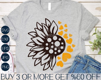 Girasole SVG, San Valentino SVG, Cuori SVG, Mezzo girasole Png, Maglietta di San Valentino SVG, File SVG per Cricut, Download di disegni per sublimazione