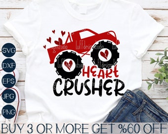 Heart Crusher SVG, Boys Valentine SVG, Funny Kids Valentines Svg, Monster Truck SVG, Png, Svg File For Cricut, Sublimation Designs Downloads