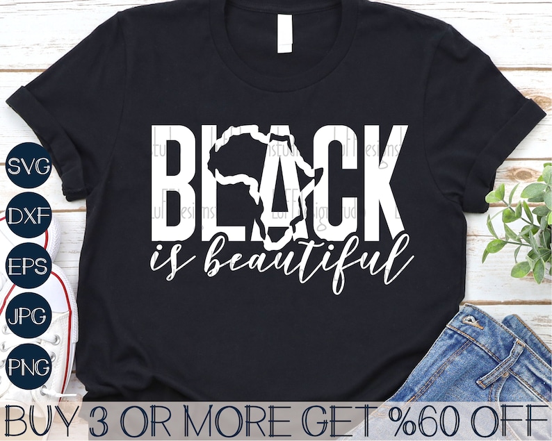 May include: Black t-shirt with a white outline of the continent of Africa and the text "BLACK is beautiful".