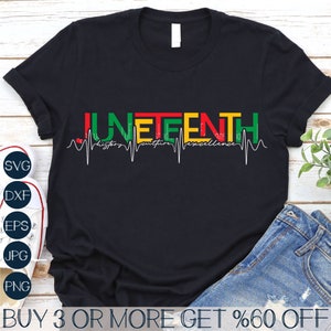 May include: Black t-shirt with a green, red and yellow graphic that says "JUNETEENTH" with a heartbeat line underneath. The text says "history, culture, excellence" underneath the heartbeat line.