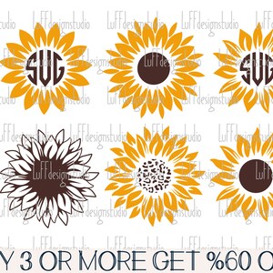 Puede incluir: Cuatro archivos de corte digital de girasoles. Los dos primeros girasoles tienen un centro marr&oacute;n con p&eacute;talos amarillos. El tercer girasol tiene un centro marr&oacute;n con p&eacute;talos blancos. El cuarto girasol tiene un centro marr&oacute;n con un estampado de leopardo. El texto "BUY 3 OR MORE GET %60 OFF" est&aacute; en la parte inferior de la imagen.