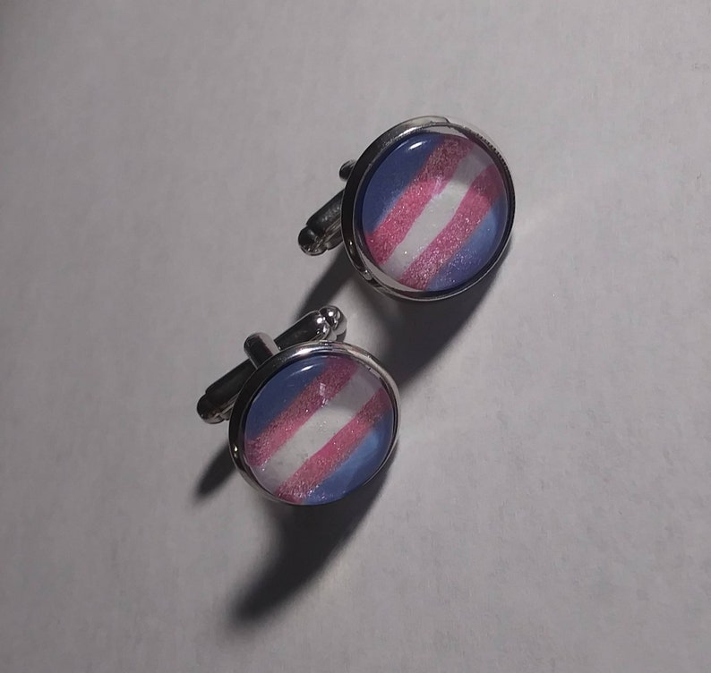 Glitter transgender pride flag round glass cuff links