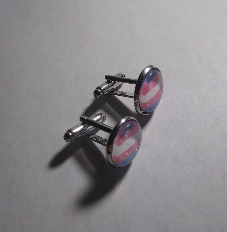 Glitter transgender pride flag round glass cuff links