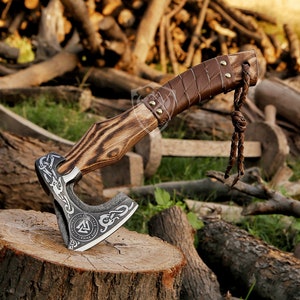 Custom made gift forged carbon steel viking axe with Leather sheath, viking bearded camping axe, best birthday, anniversary gift for him.