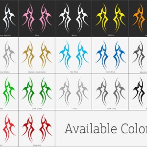 May include: A chart showing 16 different color options for a tribal-style decal. The colors include chrome mirror metallic, pink, white, yellow, orange, metallic silver matte, metallic gold matte, sky blue, dark blue, metallic anthracite, green, dark green, gray, dark gray, black, red, and dark red.