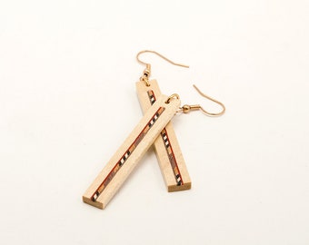 Aldea. Maple Wooden Earrings, Marquetry Geometric pattern inlay. A166-1
