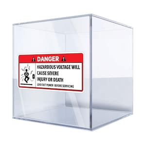 May include: A red and white warning sign with a black exclamation point and the text "DANGER! HAZARDOUS VOLTAGE WILL CAUSE SEVERE INJURY OR DEATH LOCK OUT POWER BEFORE SERVICING". The sign is on a clear acrylic display cube.