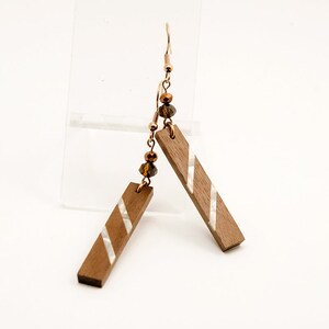 Milaa. Walnut Wooden Earrings, White Shell Inlay, in a Rectangle Shape with Brown Polyhedral Beads. A169-2