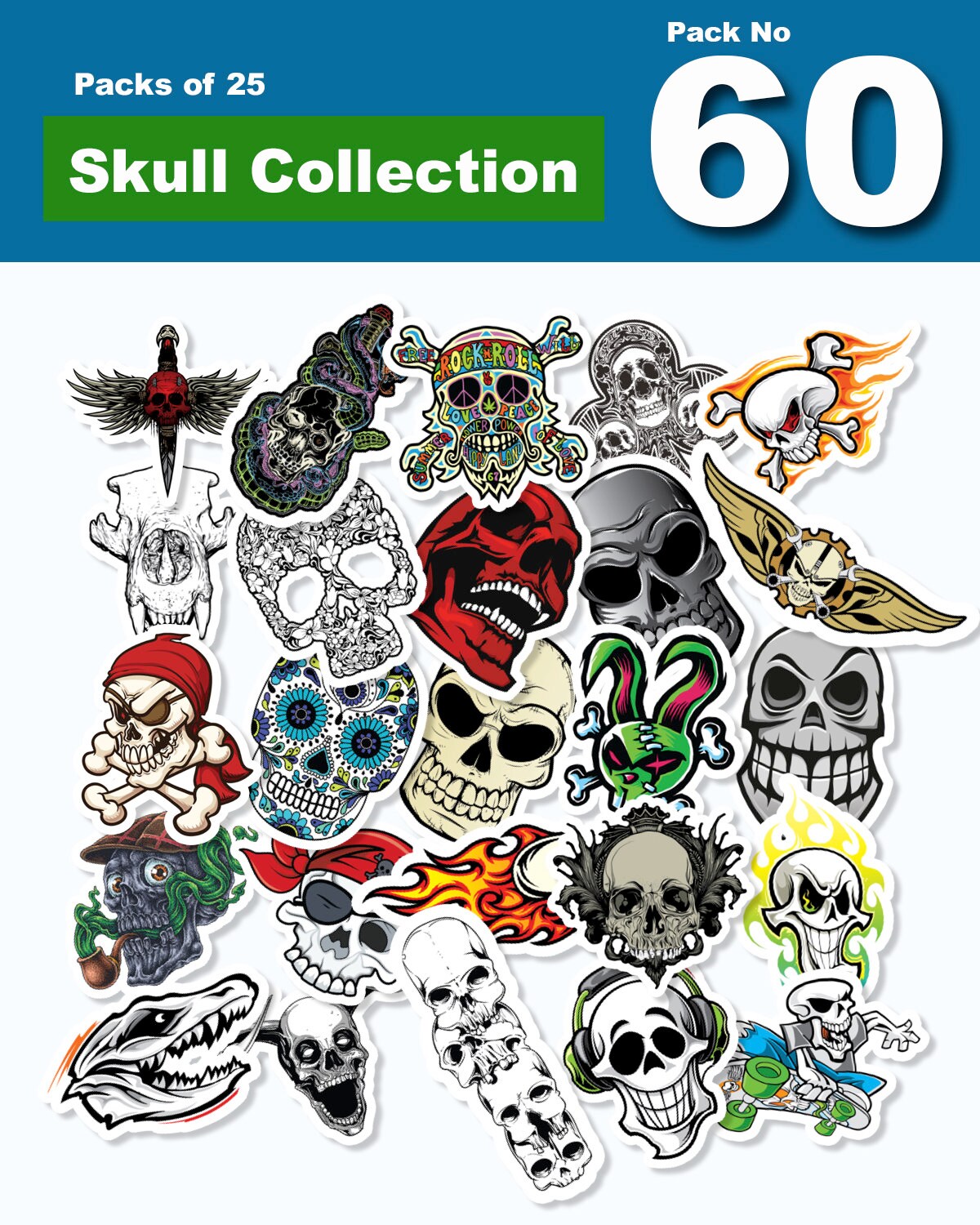 25pcs Decals Stickers Skulls Collections 9 packs No Duplicates easy rider racing aviator mechanic devil flames urban floral Part 2 DPSBW