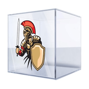 May include: A clear acrylic display case featuring a graphic of a Roman soldier with a red helmet, gold armor, a sword, and a shield. The case is square and transparent, ideal for showcasing collectibles.