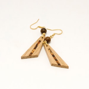 Urwa. Oak Wooden Earrings, in Triangle Shape Waterbased satin Varnish Finish,  Brown-Gold Shell celluloid inlay. A159-1