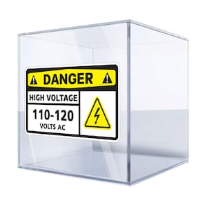May include: A yellow and black warning sign with the text "DANGER HIGH VOLTAGE 110-120 VOLTS AC" and a lightning bolt symbol inside a yellow triangle.