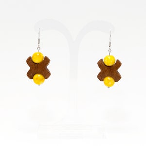 Kaori. Wooden Earrings made from Ιroko, in Cross Shape with Natural Howlite Yellow beads. A050-3