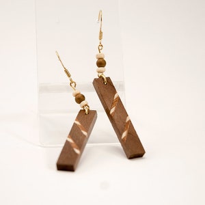 Iria. Walnut Wooden Earrings, Marquetry Geometric pattern inlay in Rectangle Shape. A169-5