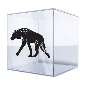 May include: Black silhouette of a spotted hyena walking, inside a clear cube.