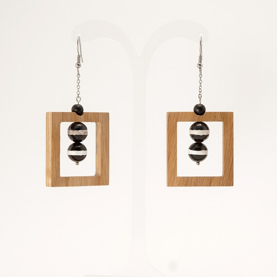 Boucles D'oreilles Pendantes En Perles D'agate Noire Et Perles Tibétaines - Neuf Avec étiquettes