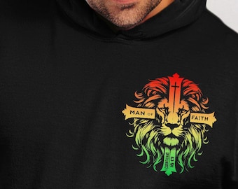 Man of Faith Lion Hoodie, Christian Bible Verse Sweatshirt, Lion of Judah Graphic Hoodie, Religious Gift for Men, Faith Based Streetwear