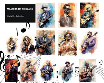 Masters of the Blues Ink and Watercolor Style Famous Musicians Digital bundle- Complete Set of PNG Files Download 17 images for one Price