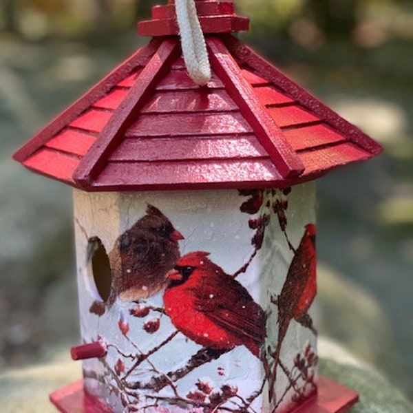 Winter Cardinal Birdhouse, handcrafted birdhouse, Cardinal Gift Idea