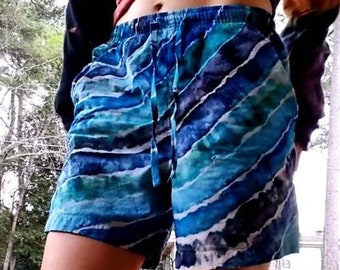 Small Women's Shorts Ice Dye Tie Dye Blue Sretch shorts with Pockets | BWagnuka