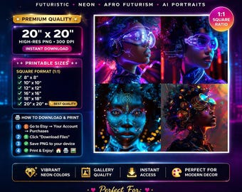 Cyberpunk AI Portraits Set | Neon Afro Futurism Wall Art (Digital Download)