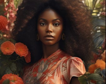 Afro Portrait Black Woman Floral Art | Boho Afrocentric Wall Decor (Digital Download)
