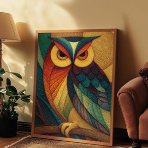 Textured Owl Wall Art Print | Digital Download Embroidered Look | Vibrant Mid Century Modern Animal Decor | 20x20 Inch Gifts for Owls lovers
