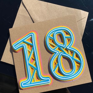 Tarjeta, tarjeta de cumpleaños número, 18 cumpleaños, tarjeta 3D, celebraciones, 18, fiesta, cumpleaños, números, tarjeta en blanco, tarjeta de aniversario, hecho a mano